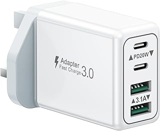 USB C Plug, 40W 4-Port Fast Charger Plug UK Dual Port PD Power Adapter +QC Multi Mains Wall Charger Type C Charging Plug for iPhone 17 16 15 14 13 12 11 Pro Max Plus XS XR SE,Samsung, iPad, AirPods