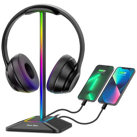 New Bee Headphone Stand with RGB Lighting, Sturdy Aluminum Gaming Headset Holder with USB-C & USB Charging Ports, Stable Desk